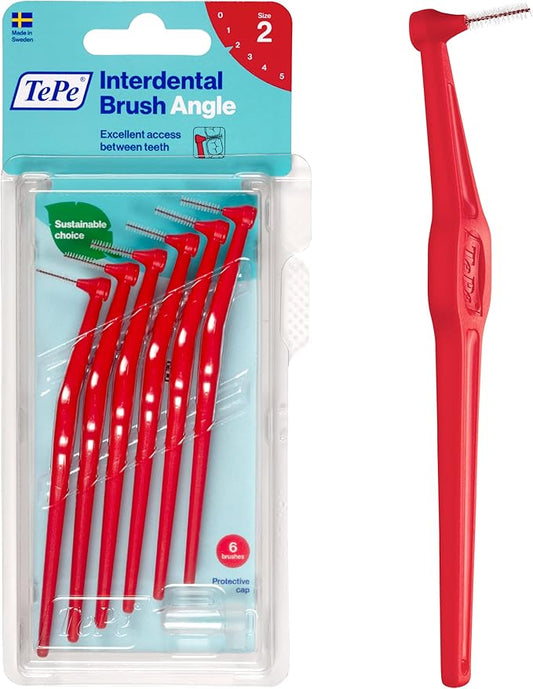TePe Interdental Brush Angle, Angled Dental Brush for Teeth Cleaning, Pack of 6, 0.5 mm, Extra-Small/Small Gaps, Red, Size 2