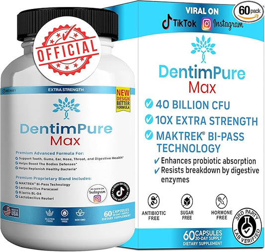 DentimPure Max Extra Strength Probiotic Supplement with 40 Billion CFU – Supports Teeth, Gums, Ear, Nose, Throat & Digestive Health – 60 Capsules (1)