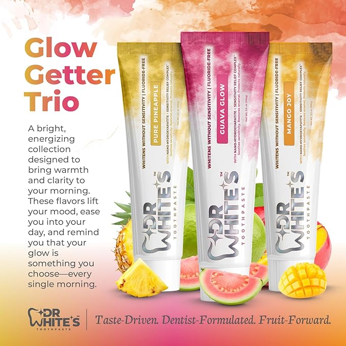 Dr. White’s Signature Flavor Trio — Glow Getters | Fluoride-Free Nano-Hydroxyapatite Toothpaste Set, 3 × 3.5 oz | Mint-Free | Dentist-Formulated | Enamel-Identical Mineral Care