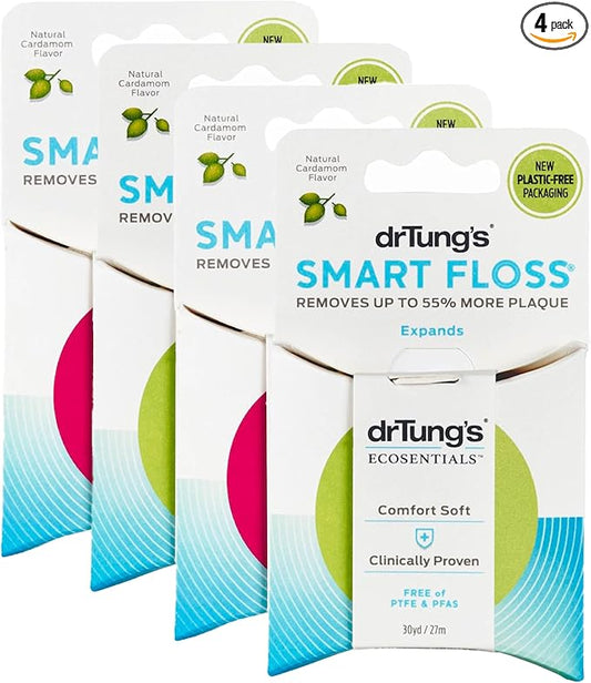 DrTung's Smart Floss - Natural Dental Floss, PTFE & PFAS Free, Gentle on Gums, Expands & Stretches, BPA Free - Cardamom Flavor (Pack of 4)