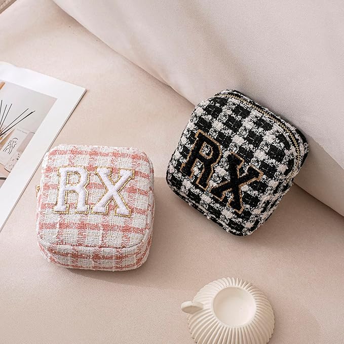 uekeboag Personalized Small Checkered Medicine Cosmetic Bag, Cute Plaid Pattern Chenille Letter Patch RX Drug Pouch with Zipper, Makeup Travel Gift Bag for Women and Girls (08 Pink Checkered)
