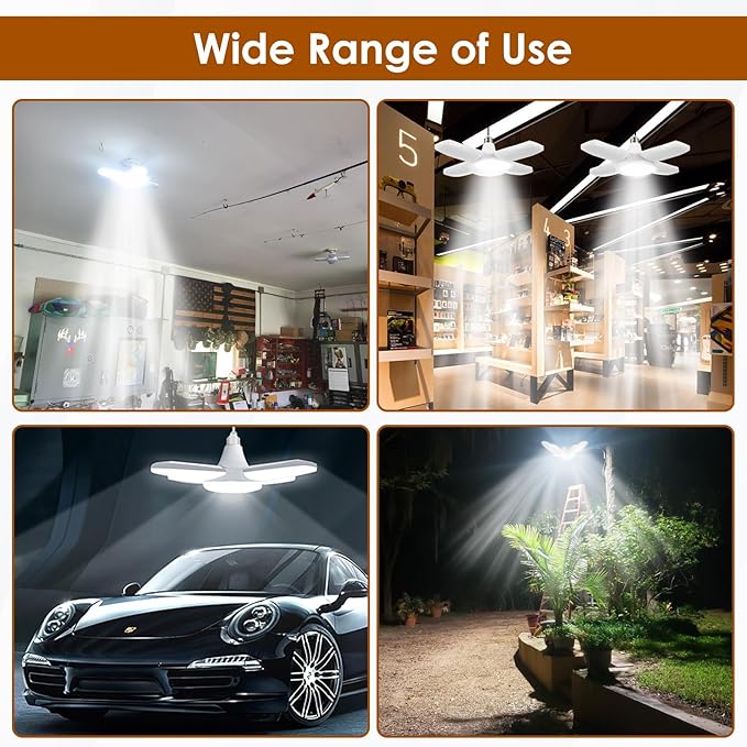 YWD LED Garage Lights 2Pack, 60W Deformable Led Ceiling Lighting 6000LM E26/E27 Daylight 6500K Super Bright Light Adjustable for Workbench, Barn, Warehouse