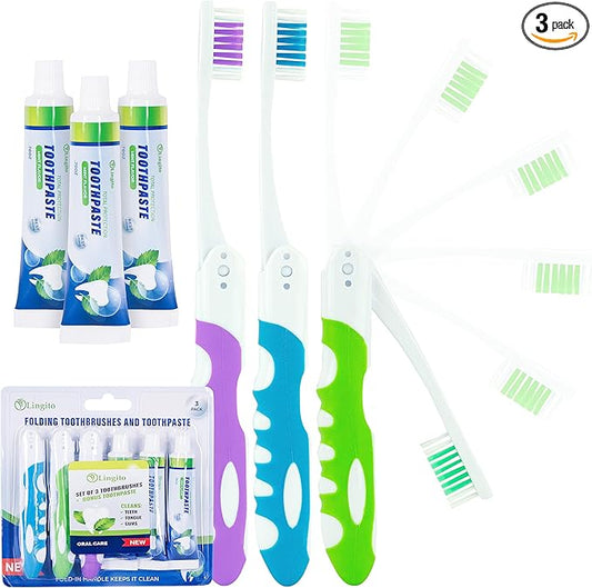 Portable Toothbrush Kit with Toothpaste, Built-in Cover, Folding Collapsible Travel Toothbrush (3 Pack - Medium)