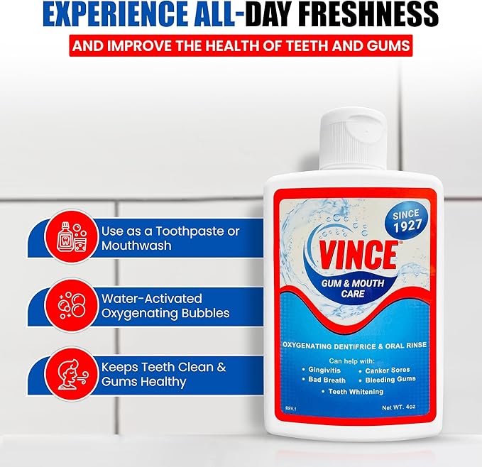 Vince Gum and Mouth Powder - Daily Use Dentifrice - Oxygenating Bubbles - Bad Breath - Gingivitis - Irritated or Bleeding Gums - Canker Sore - Inflammation - Wounds - Cleanse & Refresh - 4 Ounce