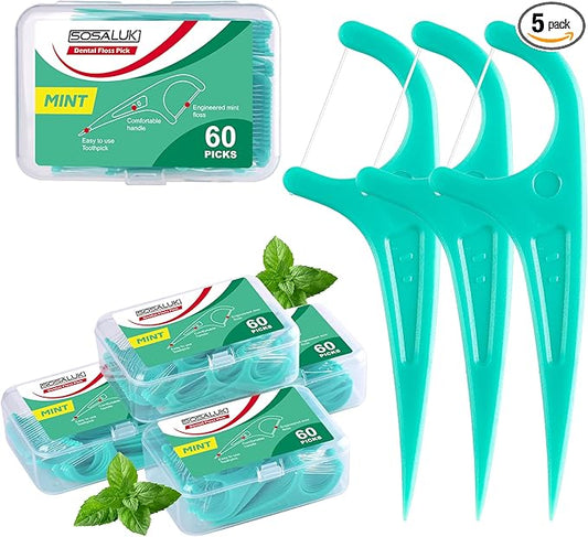 Floss Picks, 300 Count Mint Dental Floss Picks, Toothpicks with 5 Travel Cases for Extra Convenience, Helps Prevent Cavities, Remove Plaque & Freshen Breath, Premium Floss Sticks for Family