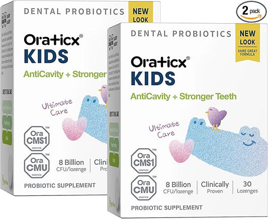 OraTicx Kids Dental Probiotics for Anti-Cavity + Healthy Teeth and Gums, 8 Billion CFU Probiotics for Oral Health, Yogurt Flavor 2-Pack