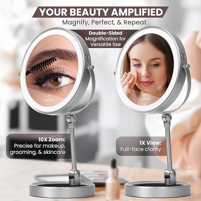 Smart 9" LED Light Makeup Mirror, Rechargeable, 1X/10X Magnifying Vanity Mirror with 3 Color Lights, Height Adjustable, Large Tall 360° Swivel Double Sided Standing Travel Mirror (Black)
