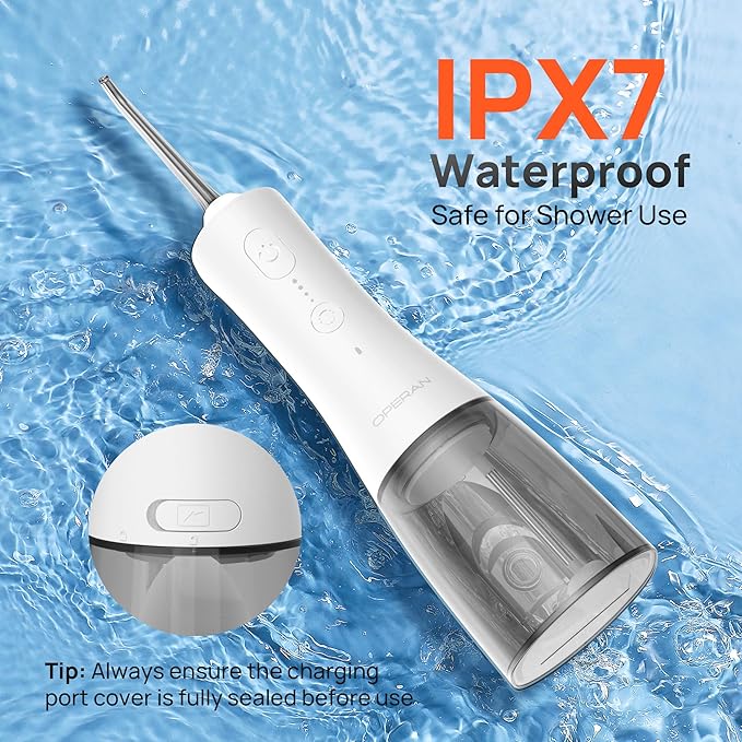 Operan Cordless Water Flossers for Teeth, 300ML Rechargeable Oral Irrigator with 4 Modes & 4 Nozzles, Portable Water Flossers for Adults, IPX7 Waterproof for Home and Travel, White，01Pack