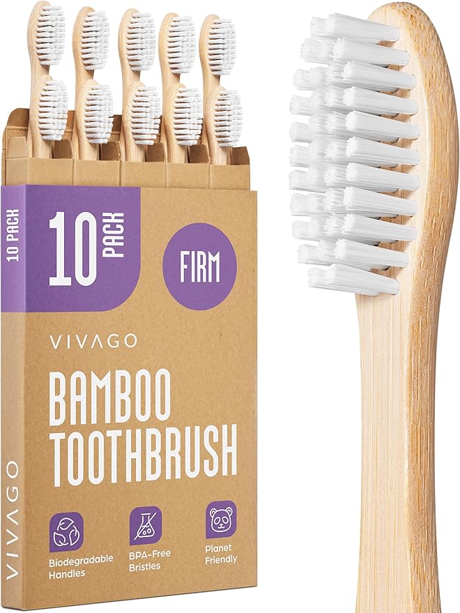 Firm Toothbrushes for Adults - 10 Pack - BPA Free Hard Bristle Toothbrush Firm - Bamboo Toothbrushes Hard