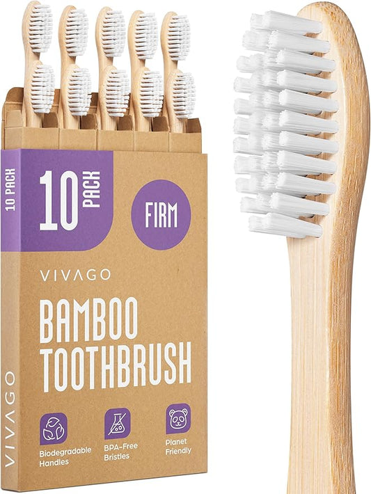 Firm Toothbrushes for Adults - 10 Pack - BPA Free Hard Bristle Toothbrush Firm - Bamboo Toothbrushes Hard