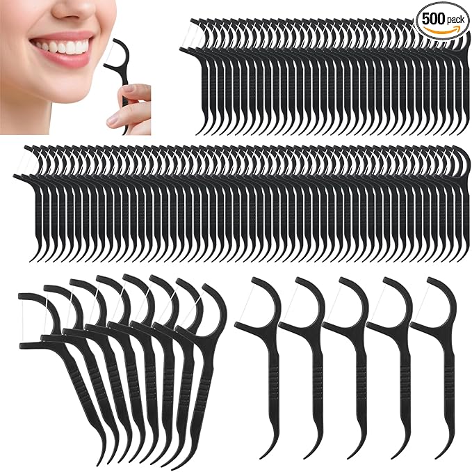 Bulk Floss Picks Dental Floss Sticks Bulk for Teeth, Floss Picks Dental Floss Picks Bulk for Family, Travel, Braces & Sensitive Teeth Dental Hygiene Essentials (500,Black)