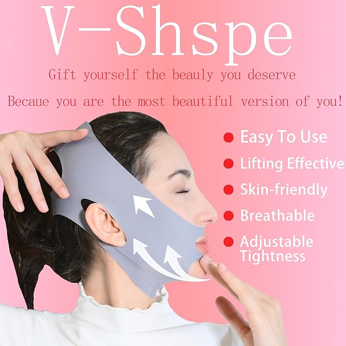 V Line Lifting Mask Chin Strap for Sleeping, Face Lifting Strap, Chin Strap, V Line Mask, Jawline Shaper, Jaw Strap, Double Chin Reducer, Face Lift Tape & Snoring Solution (Grey&Pink)