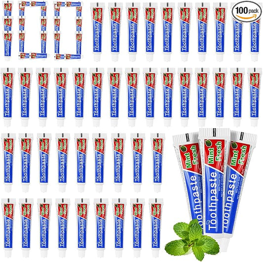 HOIQIRY 0.28 oz Small Travel Size Toothpast Bulk - Pack of 100,Disposable Mint Flavor 0.8x3.14 inches Single Use Mini Toothpaste for Hotel,Camping,Homeless,Charity,Guests,Office,Vacation