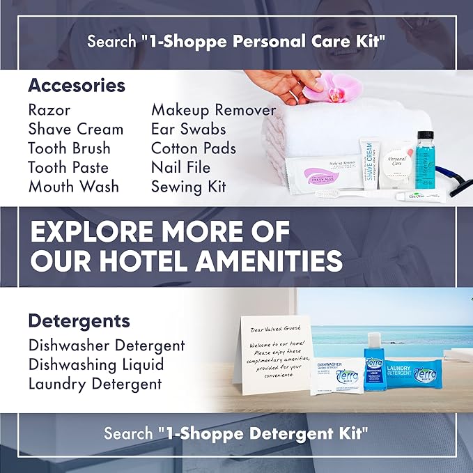 Personal Care Travel Toiletries | 1-Shoppe Amenities Kit | Travel Shaving Set, Toothbrush & Paste, Mouthwash, Makeup Wipes, Swabs, Nail File & Sewing Kit | 150 Pieces
