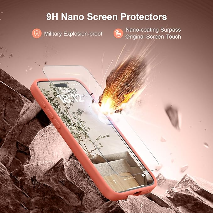 Magnetic for iPhone 15 Pro Case, Compatible with MagSafe, with 9H Nano Screen Protectors, Full Camera Protection, Silicone Shockproof Microfiber Lining Phone Case 6.1", Pink Pomelo