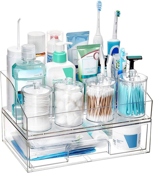 Vtopmart 6 PCS Bathroom Countertop Organizer, 1 Divided Tray with 4 Qtip Holder Jars and 1 Drawers, Restroom Clear Organizers for Toothbrush, Cotton Pads, Vanity Accessories Storage Set