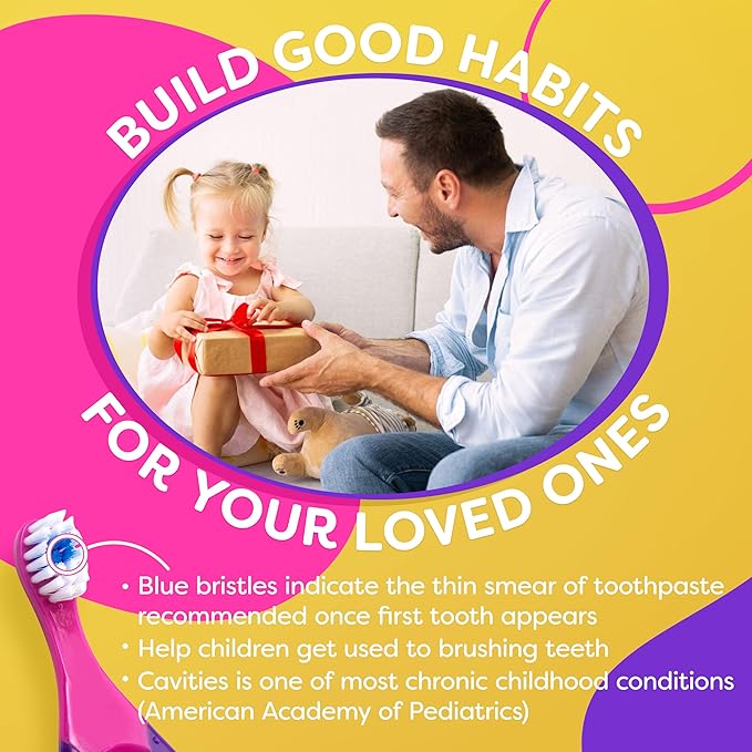 Baby Toothbrush 12 months and up - Toddler Toothbrush - Soft Bristles - Child Sized Brush Heads - Infant toothbrush - Kids Tooth Brush - Easy Storage - Girl Set (4-Pack, Pink & Purple - Color)