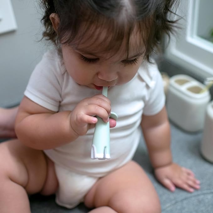 Dr. Brown’s Infant-to-Toddler Training Toothbrush Set, Mint Elephant with Fluoride-Free Strawberry Baby Toothpaste, 0-3 years