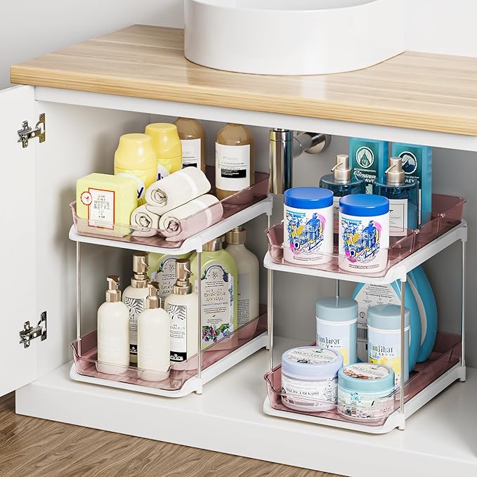 Delamu 2-Tier Multi-Purpose Bathroom Under Sink Organizers and Storage, Stackable Kitchen Pantry Organization, Pull Out Medicine Cabinet Organizer with Movable Dividers, Light Pink, 2 Pack