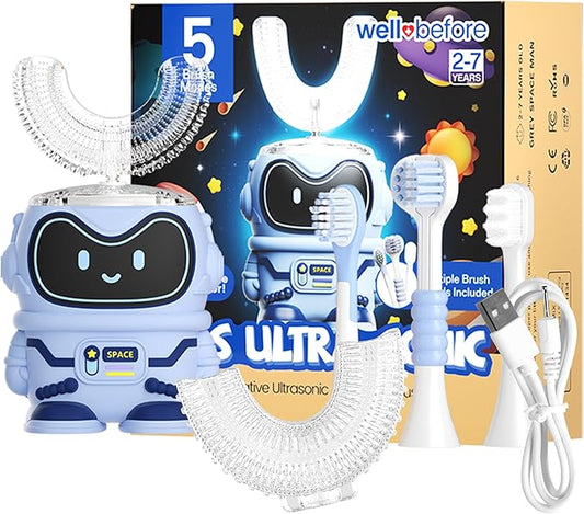Well Before Kids U Shaped Electric Toothbrush with 5 Brush Heads, Ultrasonic, 5 Modes, IPX7 Waterproof Design (Spaceman, Blue Ages 2-7)