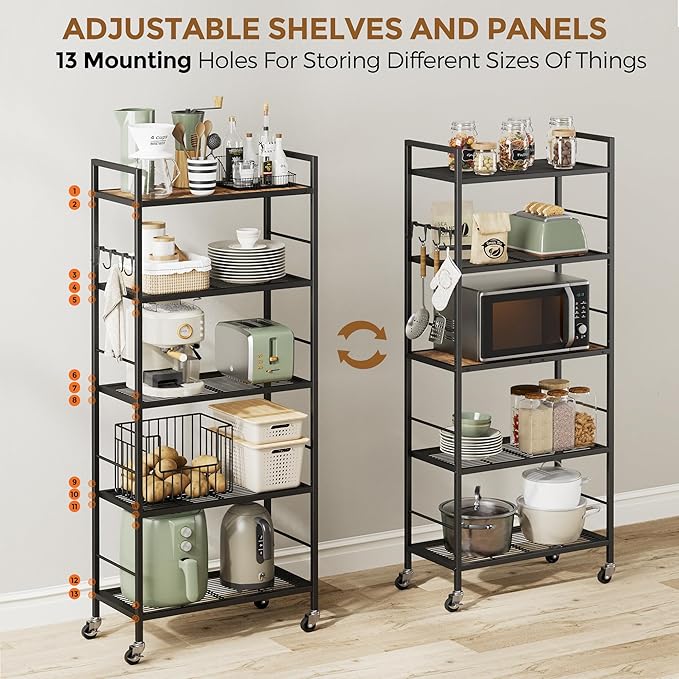 XIVIRACK 5-Tier Metal Storage Rack with Industrial Wheels,Mesh Shelving Unit with Wooden Table top,Adjustable Shelf,23.6-Inch Width,for Kitchen, Laundry,Pantry,Plant,Black