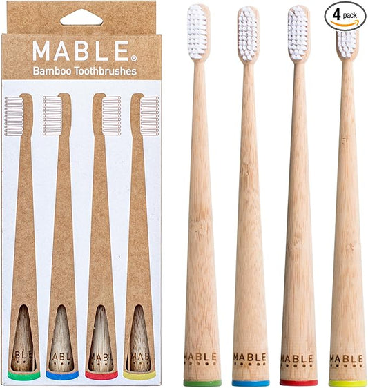 MABLE Bamboo Toothbrush for Adults – Soft Bristle, Compostable Wooden Toothbrushes, Available in 2 Pack and 4 Pack (Soft Bristles (Pack of 4)