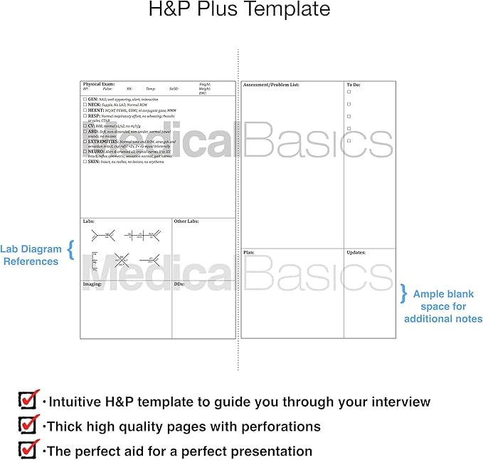 H&P notebook (Large Print) - Medical History and Physical notebook, 50 medical templates with perforations