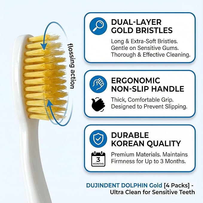 Dolphin Gold [4 Packs] Extra Soft Toothbrush Manual Long Flossing Bristle, Ultra Clean Toothbrush, Good for Sensitive Teeth and Gums (Yellow, Gold 4 Packs)