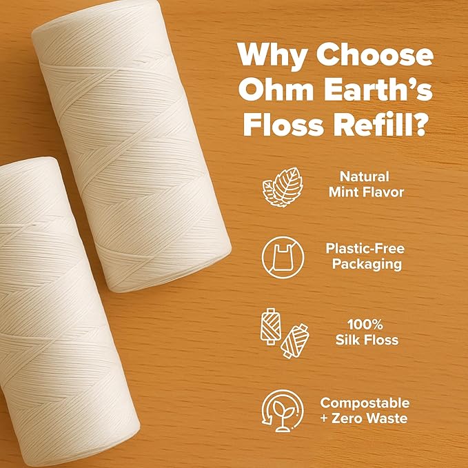 Ohm Earth’s Ohm Floss Refill – Natural Silk Dental Floss for Refillable Bamboo/Steel Holder, Candelilla Wax, 100% Compostable, Eco Oral Care, 109yds/100m (2-Pack) Natural Mint