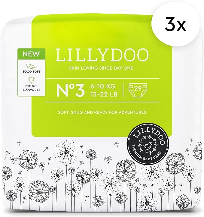 LILLYDOO Baby Diapers - Size 3 (13-22 lbs), Half-Monthly Supply (87 Count), Leak Protection, Skin-Friendly, Ultrasoft, Perfume- & Chlorine-Free, Hypoallergenic, dermatologically Tested, Oeko-TEX®