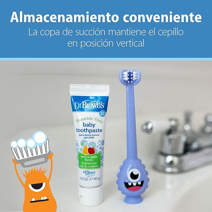 Dr. Brown's ToothScrubber Toothbrush, Three-Sided Toddler Training Toothbrush for Ages 1-4 Years with Suction Cup Base and Color Changing Bristles