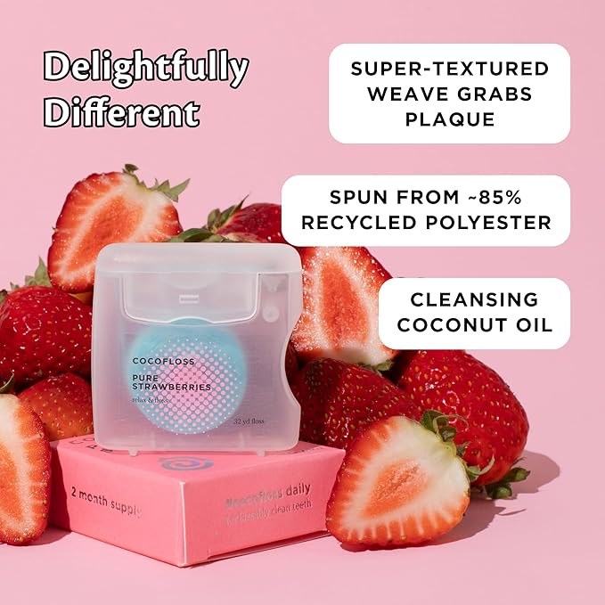Cocofloss Woven Dental Floss, Dentist-Designed Oral Care, Strawberry Scent, Waxed, Expanding, Kid-Friendly String Floss with Coconut Oil, 3 Spools (33 yd Each)