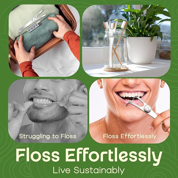 Dental Floss Holder, Refillable & Reusable Floss Pick - Dental Floss Handle - Stainless Steel Dental Floss Holder. Durable Reusable Flosser - Pack of 2