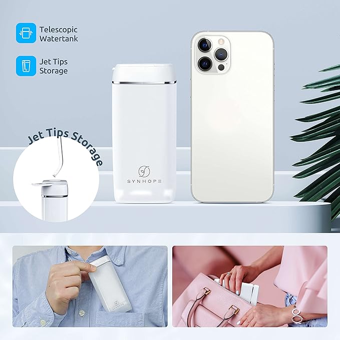 SYNHOPE Water Flosser Mini Cordless Portable Oral Irrigator Water Teeth Cleaner Pick, Telescopic Water Tank, 3 Modes & IPX7 Waterproof, Home & Travel Water Flossers for Teeth, Braces Bridges Care