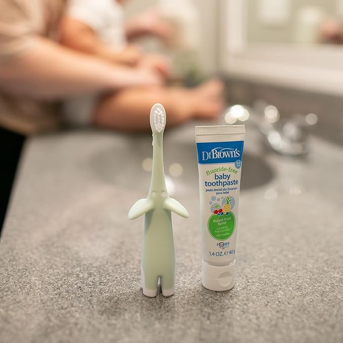Dr. Brown’s Infant-to-Toddler Training Toothbrush Set, Mint Elephant with Fluoride-Free Strawberry Baby Toothpaste, 0-3 years
