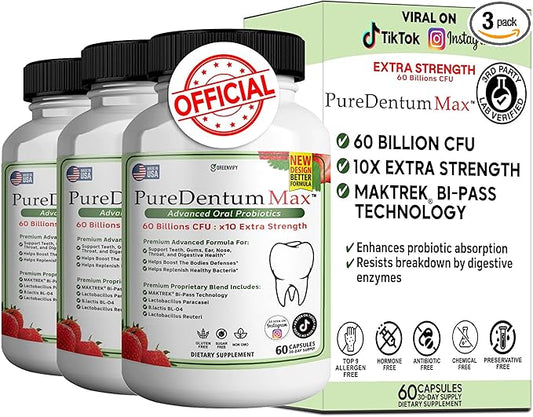 PureDentum for Gums and Teeth Health & Fresh Breath - 40 Billion CFU Advanced Oral Probiotics for Mouth Bad Breath, Capsule Supplement - 3 Pack