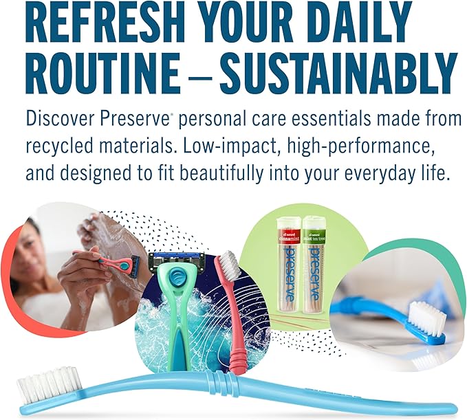 Preserve Eco Friendly Adult Toothbrushes, Made in The USA from Recycled Plastic, Lightweight Paper Packaging, Soft Bristles, Colors Vary, 3 Count