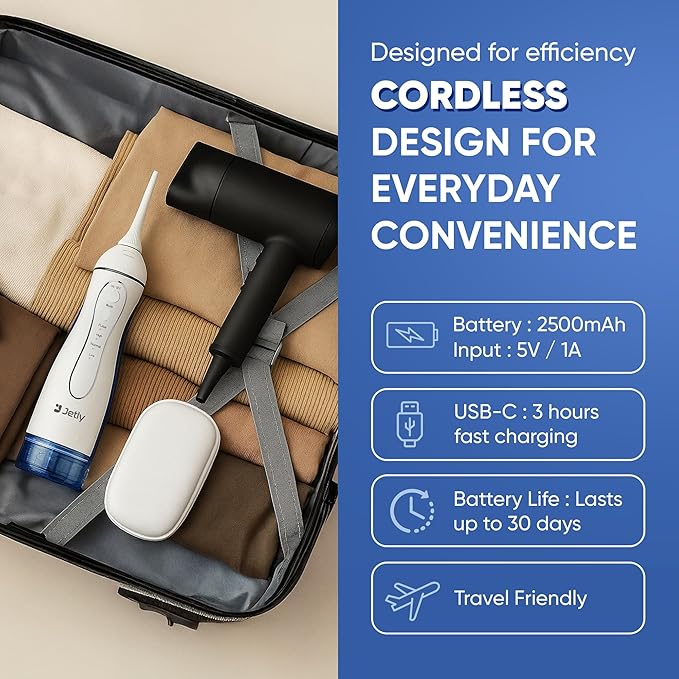 Water Dental Flosser Teeth Pick Cleaner: Travel Cordless Oral Irrigator 300ML Capacity Portable Rechargeable IPX7 Waterproof Electric Flossing Machine for Teeth Cleaning (White)