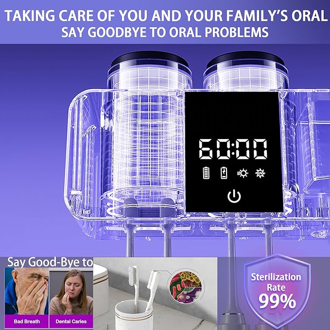 Toothbrush Holder Wall Mounted, 2 Cups Solar Powered Toothbrush Stand, Smart Toothbrush Holder with Cleaning and Drying, Cleaning Box with 4 Toothbrush Slot for Bathroom (Black - 2 Cup)