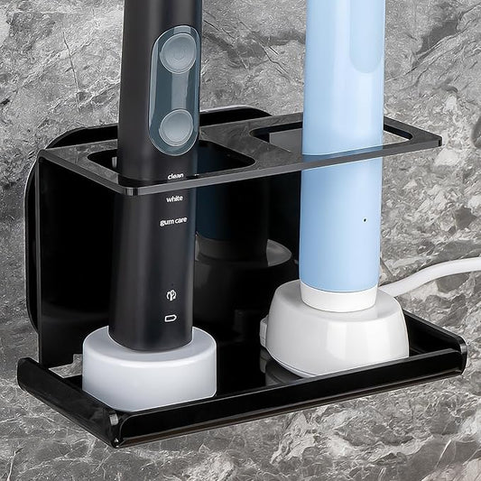 Electric Toothbrush Holder Wall Mounted, Electric Toothbrush Cord Organizer Holds 2 Chargers, Self Adhesive Electric Toothbrush Stand for Bathroom, Medicine Cabinet, Dorm(Black)
