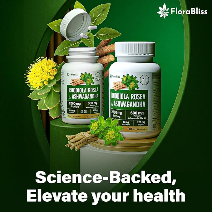 FloraBliss Rhodiola Rosea 2000mg with Ashwagandha KSM-66, L-Theanine, Holy Basil & BioPerine - 90 High Potency Vegan Capsules - Herbal Adaptogen for Energy & Wellness - No Artificial Additives