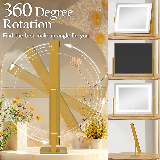 Gold Vanity Mirror with Lights 14x11 Inch, Lighted Makeup Mirror, Smart Touch 3 Colors Dimmable, 10X Magnification, Dresser Mount, Modern Style