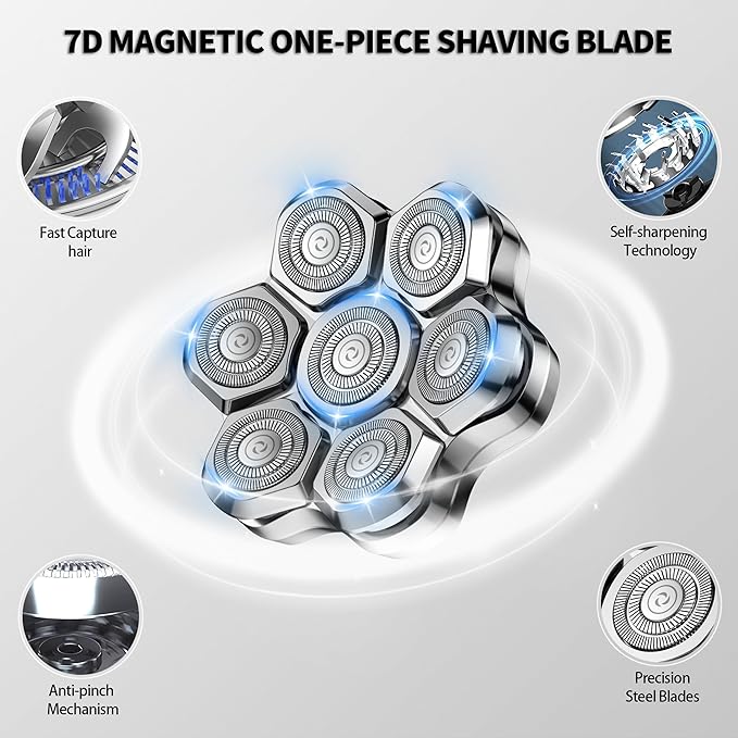 Universal Head Shaver Replacement Heads Magnetic 7 Blades Head Shavers Replacement Blades for Bald Men Compatible with Freebird Shaver & Other Brands (7msilver)