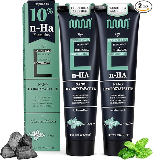 MasterMedi Nano Hydroxyapatite Toothpaste (Inspired by 10% nHA Formulas), Fluoride-Free, Charcoal Whitening, Sensitive Teeth Care, Enamel Support, SLS-Free, Xylitol, Citrus Mint, 4 Oz (Pack of 2)