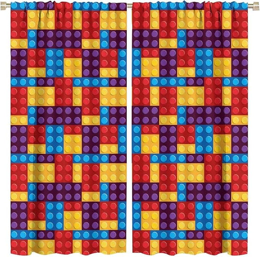 Building Block Colored Curtains, Children's Themed Curtains Collection Building Block Patchwork Cartoon Print Curtains, Light Trim 2 Panel Set Rod Pockets 52x84in