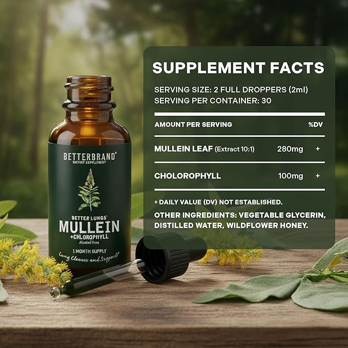 Betterbrand Mullein Drops for Lung Detox - Mullein Leaf Tincture with Chlorophyll - Helps Support Respiratory Health, Alcohol-Free, 1 Month Supply - 60ml