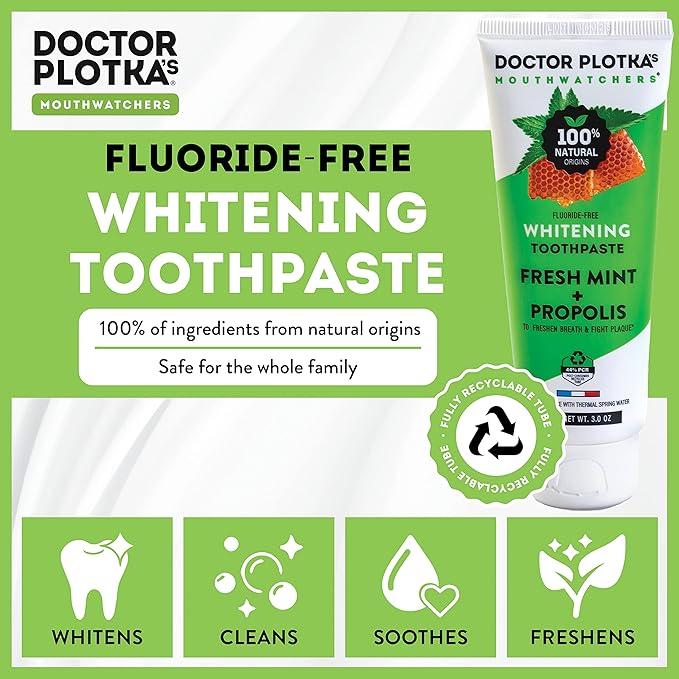 MOUTHWATCHERS Whitening Fluoride Free Naturally Sourced Toothpaste, 2 Tubes, 3 oz Each, for Sensitive Teeth and Gums, Organic, SLS Free, Fresh Mint and Organic Propolis, by Dr. Plotka's