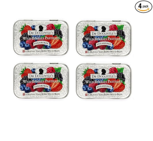 DOOLITTLE Dr Sugar Free Soft Fruit Pastilles for Voice and Throat, Wild Berries Flavor, 2.12 Ounce Tin, Approximately 25 Count Package, 4 Pack