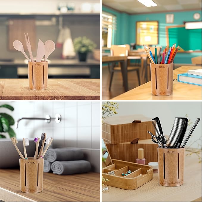 Cottify Bamboo Toothbrush Holder with Drainage, Quick Drying Bathroom Cup Holder, Toothpaste Holder, Wood Toothbrush Drainer, Stripes Glossy