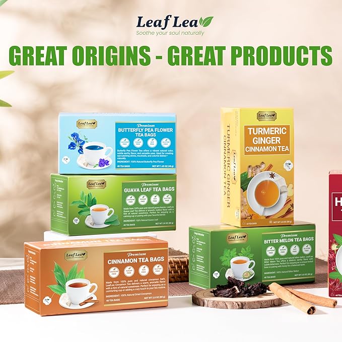 LeafLea 40 Turmeric Ginger Cinnamon Tea Bags, 100% Natural Ingredients Herbal Tea, Turmeric Ginger Herbal Blend for Wellness, Vegan, No Sugar, Caffeine-Free, Individually Wrapped for Freshness